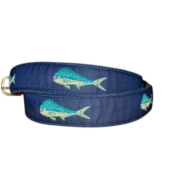 Man Ltd. Mahi Dolphin Leather Blue Canvas Belt with Brass Buckle Men`s size 36 - Picture 3 of 5